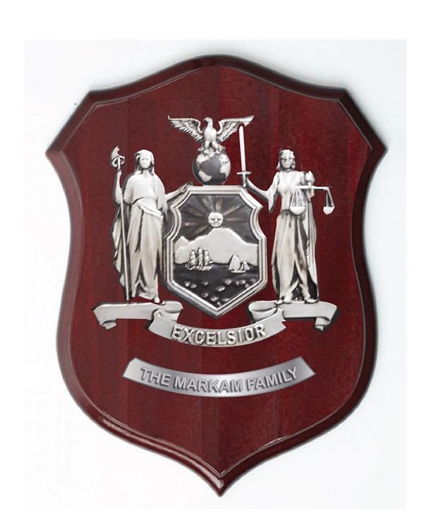 XP-2040 - Carved Shield Wall Plaque of Family Coat-of-Arms / Crest, German Silver Plated with Mahogany Wood 