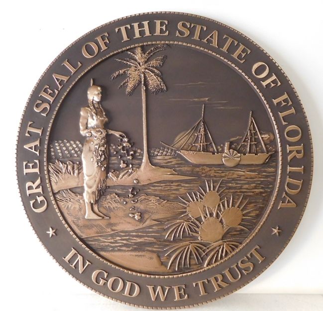 BP-1140 - Carved Plaque of the Great Seal of the State of Florida (Old Style), Bronze Plated