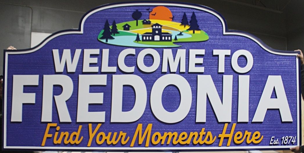 F15041 - Carved and Sandblasted HDU "Welcome to Fredonia" Sign