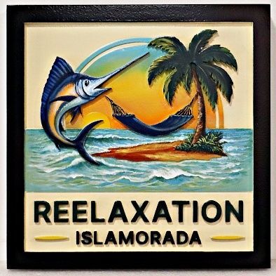 L21398 - Carved and Sandblasted HDU Sign for "Reelaxation Islamorada" with artwork