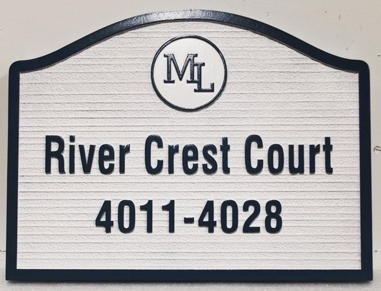 KA20898- Carved and Sandblasted Wood Grain HDU "River Crest Court" Street Name and Address Number Sign