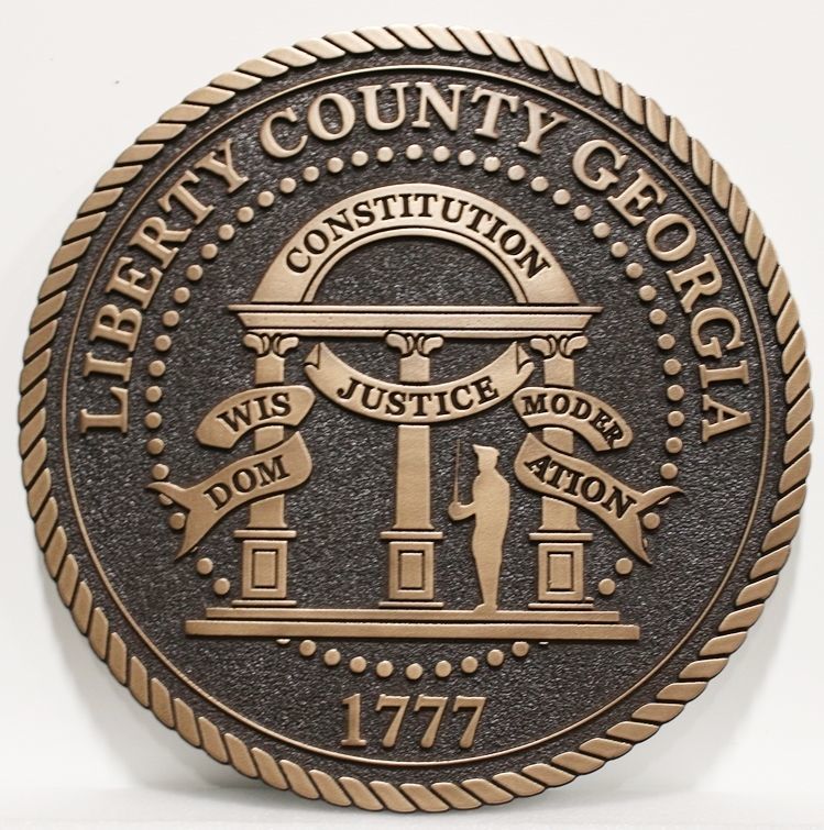 CP-1302 - Carved 2.5-D Bronze-Plated Plaque of the  Seal of the Liberty County, Georgia