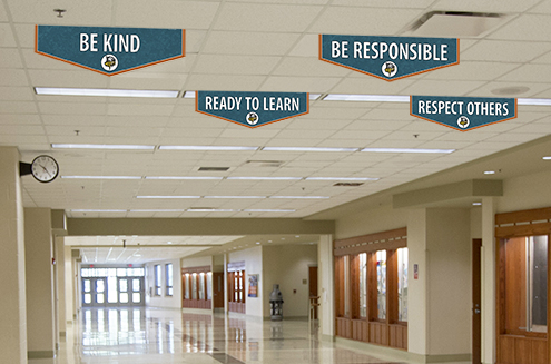 Custom Banners in school hallway entrance, character values, be kind, aqua and orange, school banners