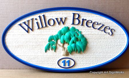 I18308 - House Address Number Plaque with Carved Willow Tree