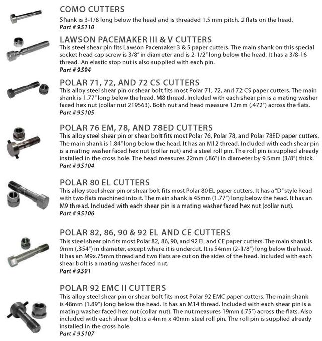 Shear Pins & Shear Bolts for Paper Cutters