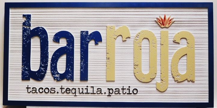 Q25736 - Carved and Sandblasted Wood Grain HDU Sign for the Bar Roja Restaurant (Tacos & Tequila Patio), 2.5-D Artist-Painted with Stylized Text 