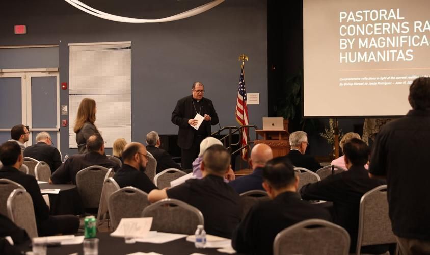 Bishop Manuel de Jesús Rodríguez speaks to clergy of the Diocese of Palm Beach during the evening of study, prayer and reflection on Magnifica Humanitas, Pope Leo XIV's new encyclical.