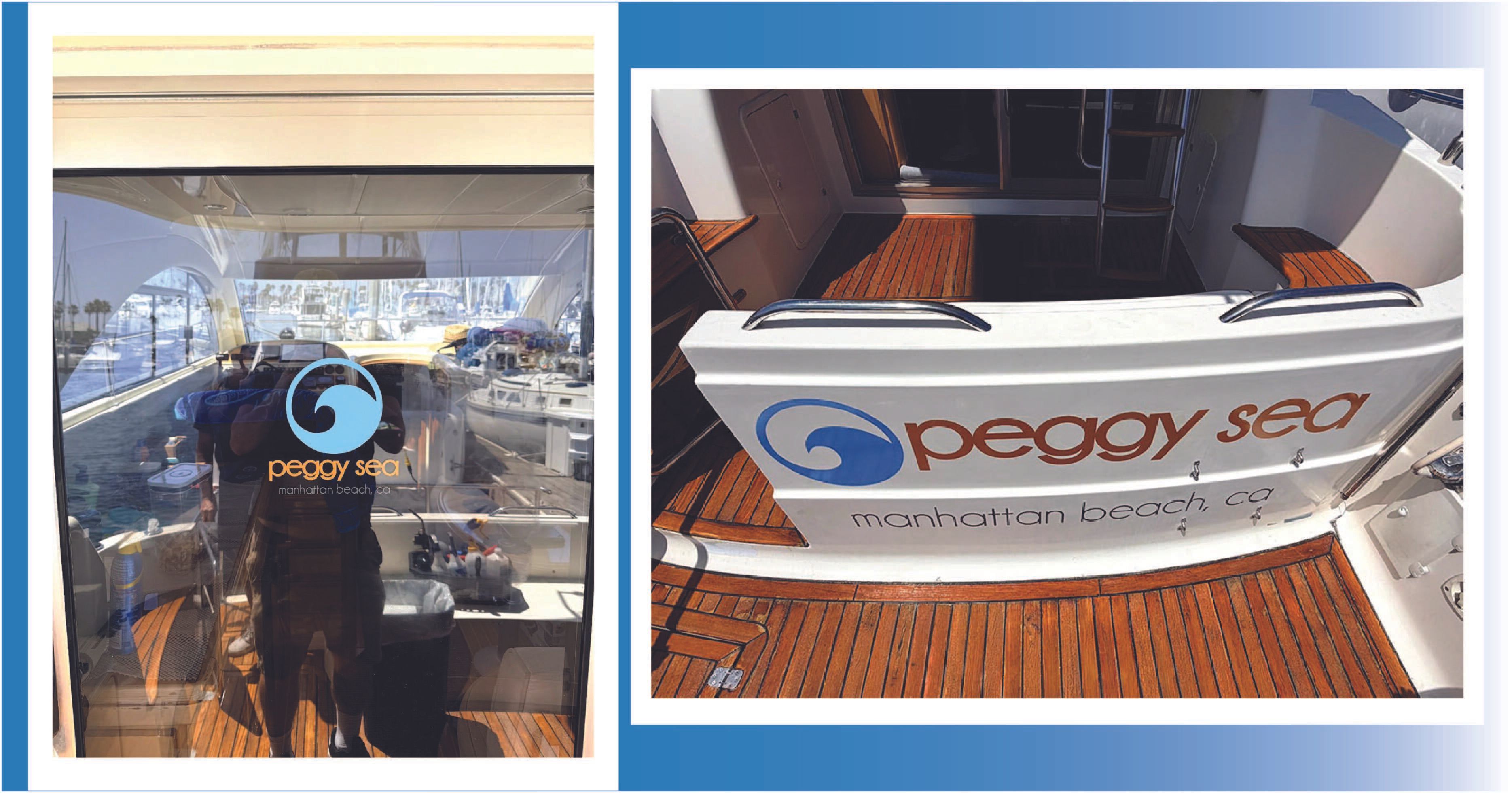 A side-by-side collage of custom marine graphics for the boat 'Peggy Sea.' The left image shows a circular blue wave logo and gold lettering applied to a glass window. The right image shows the full boat name and 'Manhattan Beach, CA' location decal insta