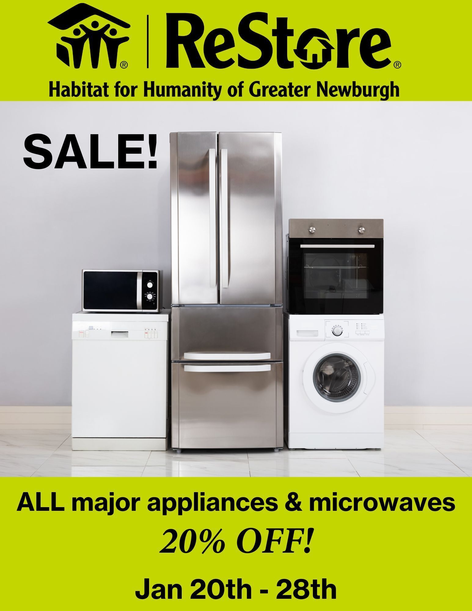 Jan 20th - 28th - ALL major appliances & microwaves 20% OFF at Habitat Newburgh ReStore!