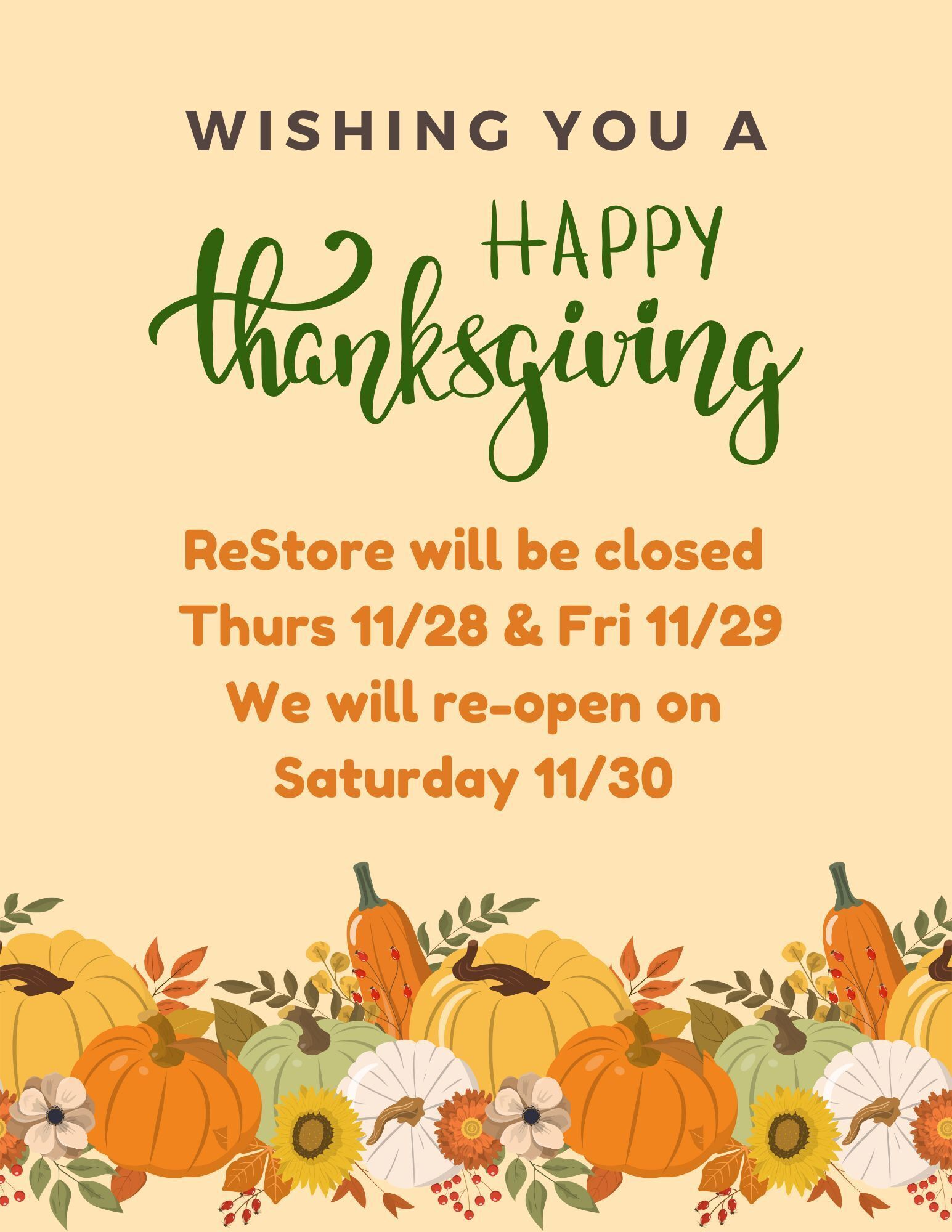 ReStore Closed for Thanksgiving/Black Friday