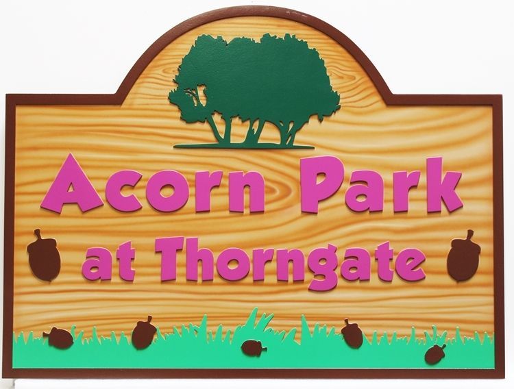 GA16507 - Carved High-Density-Urethane (HDU)  entrance sign was made for Acorn Park at Thorngate, with Faux Wood Grain Painted Background
