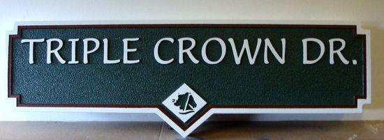 H17037- Carved Street Name Sign, Triple Crown Drive, with Engraved  Horse Head Logo 