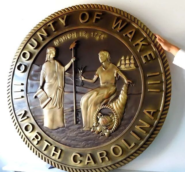 CP-1760 - Carved Plaque of the Seal of Wake  County, North Carolina,  3-D  Brass Plated