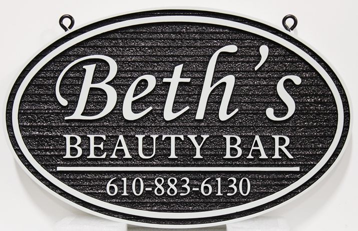SA28432 - Carved and Sandblasted Wood Grain HDU Hanging Sign for Beth's Beauty Bar Shop.