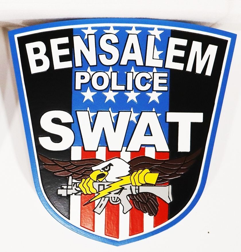 PP-2504- Carved 2.5-D Multi-Level Artist-Painted Plaque of the Shoulder Patch of the SWAT Team of Bensalem Township, Bucks County, Pennsylvania