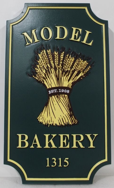 Q25605A - Carved Sign for "Model Bakery", with a Sheaf of Wheat as Artwork