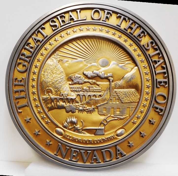 BP-1329- Carved Plaque of the Great Seal of the State of Nevada, Artist-Painted
