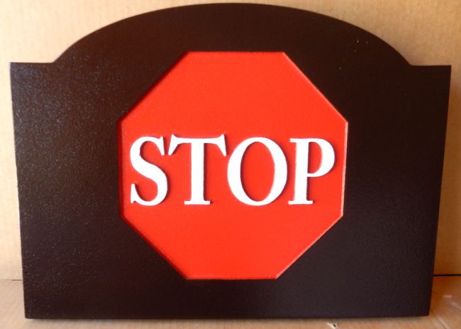 H17169 - Carved HDU STOP Sign Inset into Large Brown Frame 