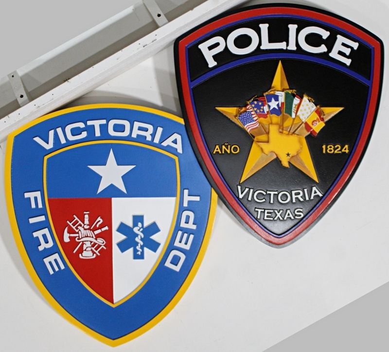 PP-1824 - Carved 2.5-D Multi-Level Artist-Painted Wall Plaque Badge of the Texas Fire and Police Department, Victoria