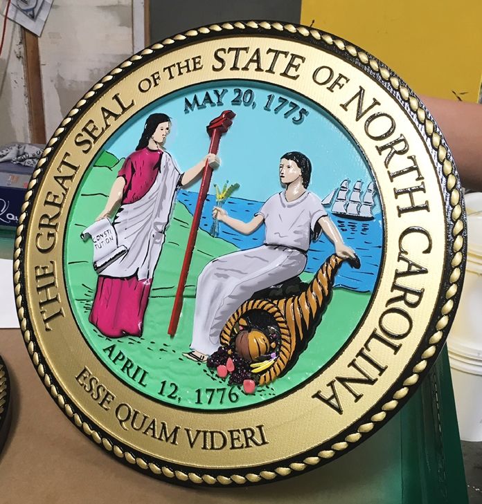 BP-1395 - Carved Plaque of the Great Seal of the State of North Carolina, 3-D Artist-Painted