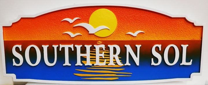 L21232 - Carved and Sandblasted HDU Beach House Name Sign "Southern Sol" , 2.5-D Artist-Painted  with Ocean,  Seagulls  and Setting Sun as Artwork 
