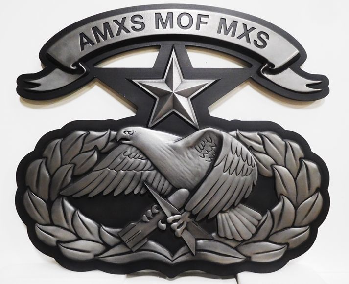 V31715-  Carved 3-D Aluminum-Plated HDU  Plaque for a US Army Unit Crest "AMXS MOF MXS"