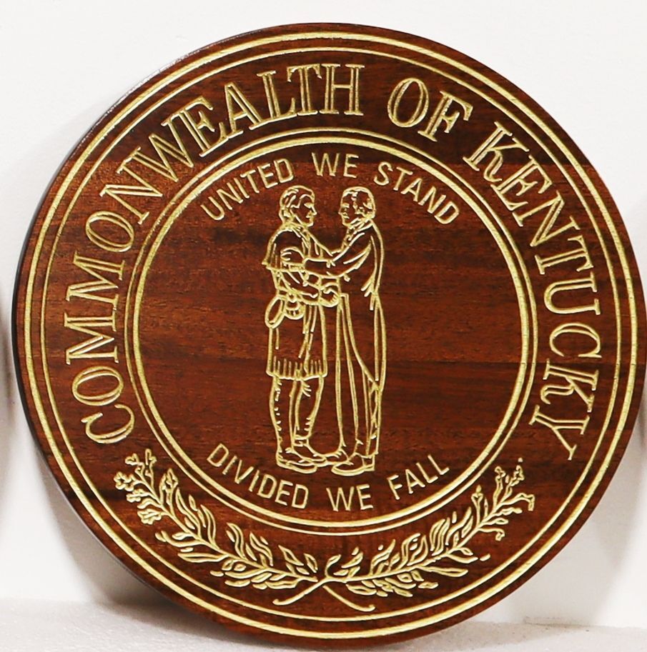 BP-1231- Engraved  Mahogany Wood Plaque of the Great Seal of the State of Krentucky, with Light Brass Painted Engraved Areas