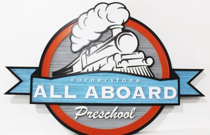 FA15913  - Carved 2.5-D Multi-level and Sandblasted Wood Grain Sign for "All Aboard Preschool" 