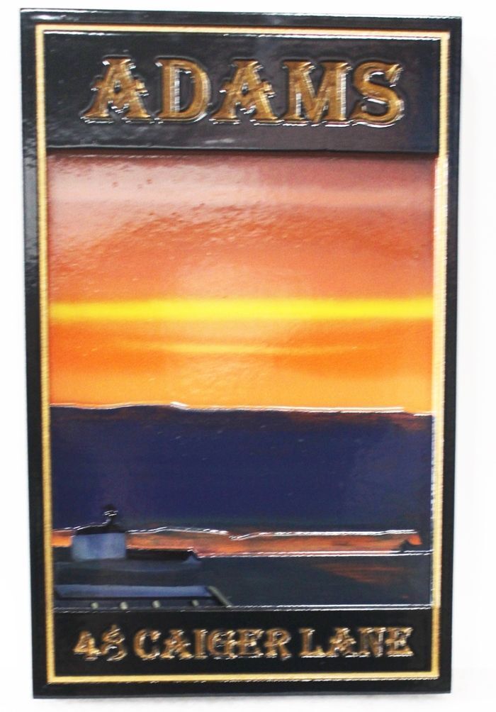 M22369A - carved 2.5-D  relief HDU Address and Property Name Sign "ADAMS", with Sunset as Artwork.
