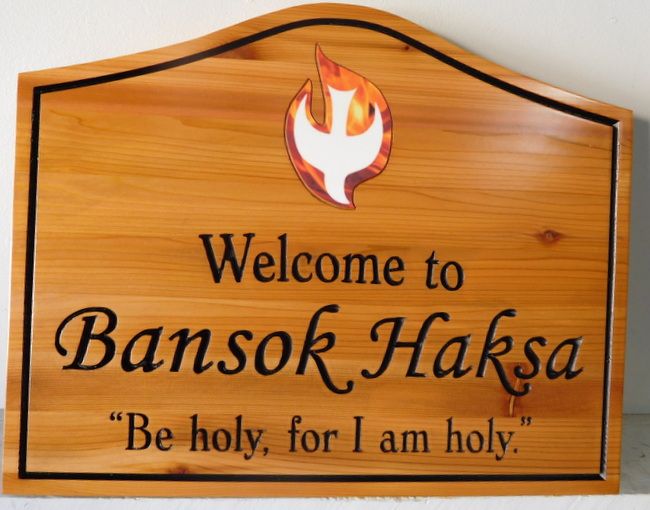 M3044 - Carved Cedar Wood Sign for "Welcome to Bansok Haksa" with Christian Symbols: Dove and Flames (Gallery 14) 