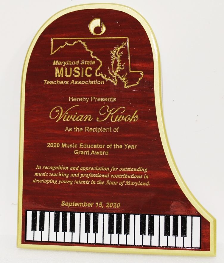 UP-3193 - Carved Mahogany Piano Plaque for the Maryland State Teacher's Association Award for the 2020 Music Educator of the Year 