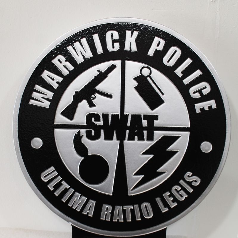 PP-3344 - Carved 2.5-D Multi-Level Aluminum-Plated Plaque of the Emblem of the Warwick Police SWAT Team , Rhode Island