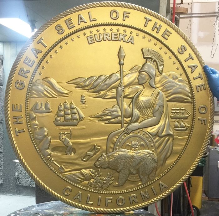 BP-1035 - Carved Plaque of the Seal of the State of California, Metallic Silver PaInted with Hand-Rubbed Brass Paint