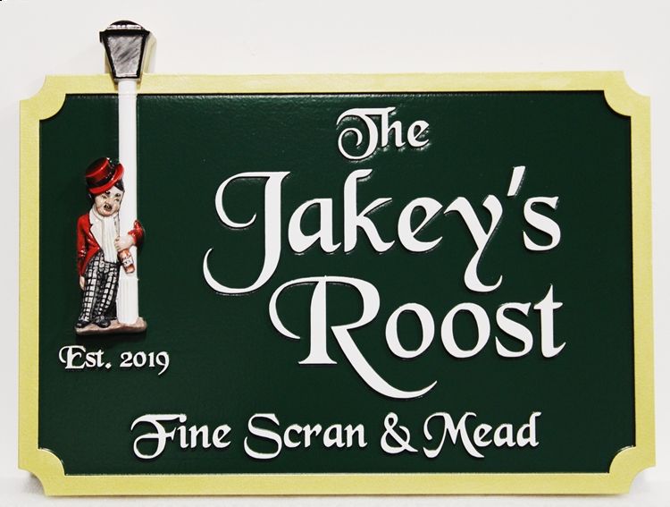 RB27555 - "The Jakey's Roost" Pub Sign , with Artwork (Inebriated Man  Hanging on to the Lamp Post) Carved in 3-D Bas-relief  