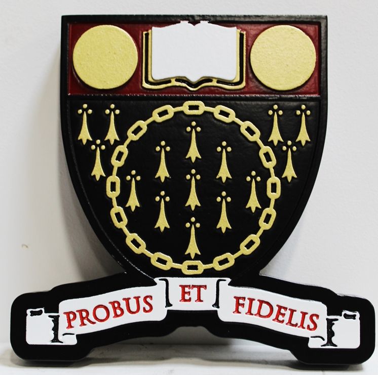 XP-3470- Carve HDU  Plaque featuring a Coat-of Arms with an Open Book and the Motto "Probus Et Fidelis"