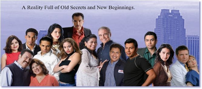 Image of the Latino actors and actresses from the Nuestro Barrio televnovela. They stand in various positions and are of various ages. They stand against a city backdrop that is a light purple color; a large skyscraper stands tall on the right side. The w