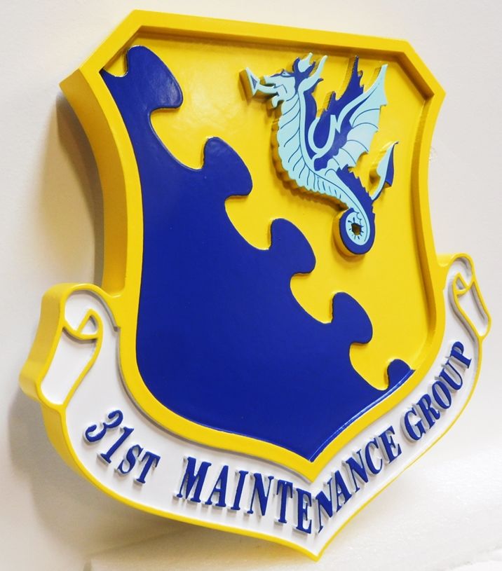 LP-7113 - Carved Plaque of the Shield Crest of the 31st Maintenance Group, 2.5-D Artist Painted with Flying Seahorse