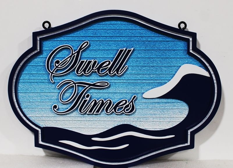 L21165 - Carved  2.5-D Multi-level relief Name Sign "Swell Times"  , with Breaking Surf as Artwork