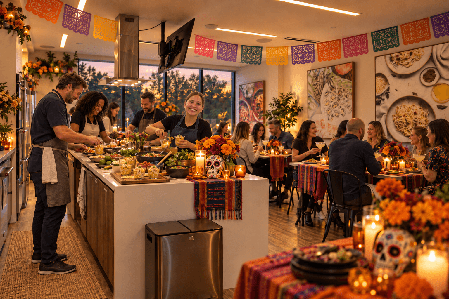 Adults preparing and sharing a festive meal for Día de los Muertos.