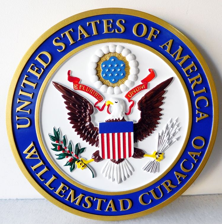 U30310 - Carved 3-D HDU Wall Plaque for the Seal of the US Embassy,Willemstad, Curacao