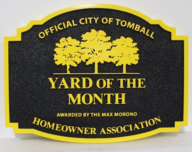 KA20936 -  Carved  "Official City of Tomball" HOA Yard-of-the-Month Sign, with Stylized Logo of Three Large  Shade  Trees as Artwork