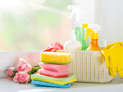 cleaning supplies with bright sunshine