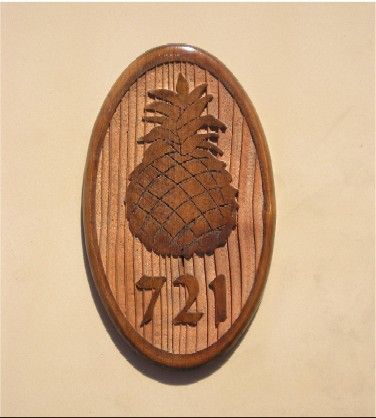 M3507- Carved California Redwood Residence Address (Street Number) Sign with Carved Pineapple (Symbol of Hospitality) (Gallery 18)