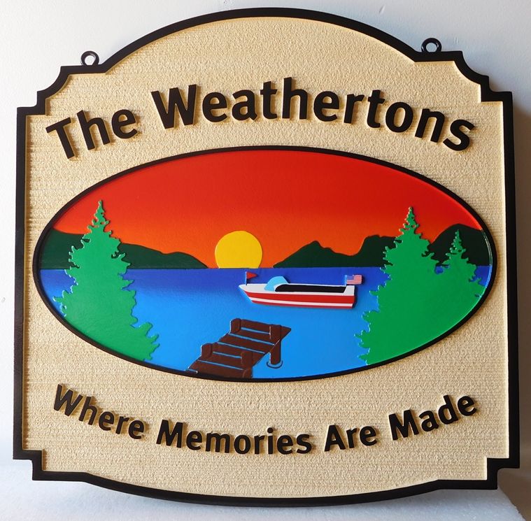 M22305 - "The Weathertons" Lake Residence Sign with Lake, Mountains, Setting Sun, Dock and Boat
