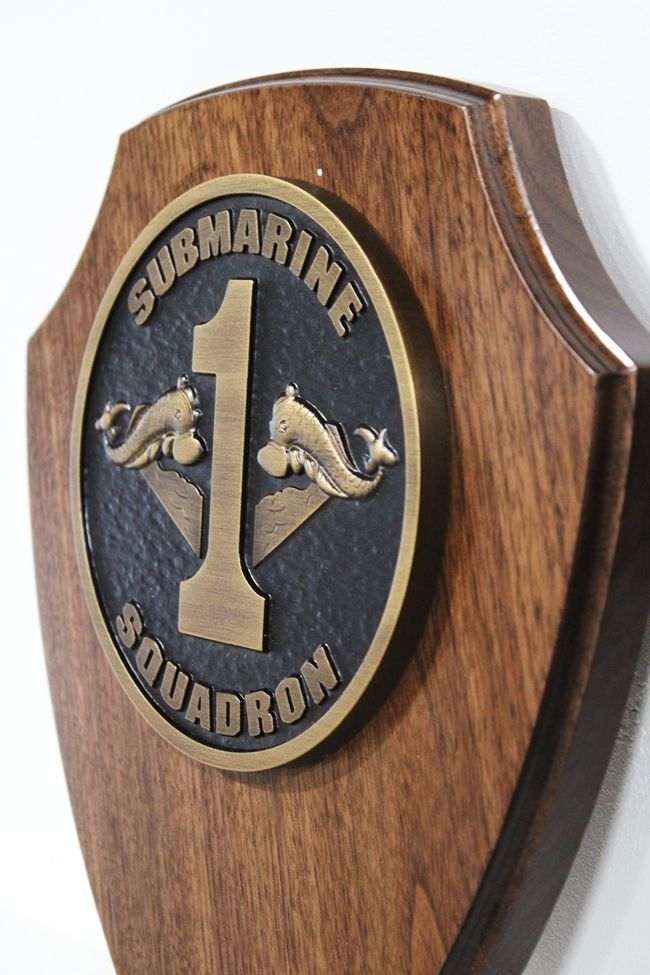JP-2124 - Mahogany Shield Plaque with Carved 3-D Bas-Relief Brass Plated Crest of Submarine Squadron One, Hawaii (Side View) 