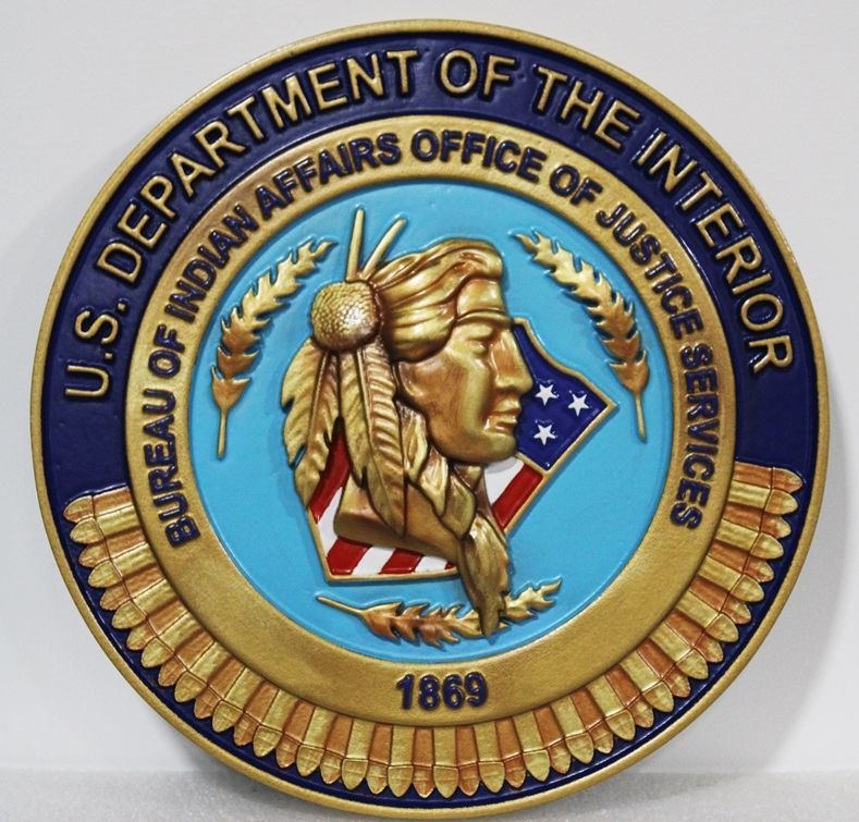 AP-5730 - Carve 3-D Bas-Relief HDU Plaque of the Seal of the Bureau of Indian Affairs, Office of Justice Services, Department of the Interior  
