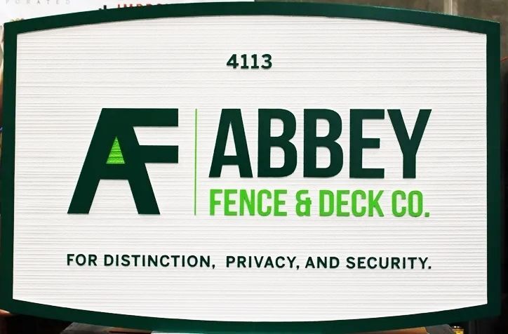 SC38328 - Carved and Sandblasted Wood Grain High-Density-Urethane Address and Identification  Sign  for the Abbey Fence & Deck Company  