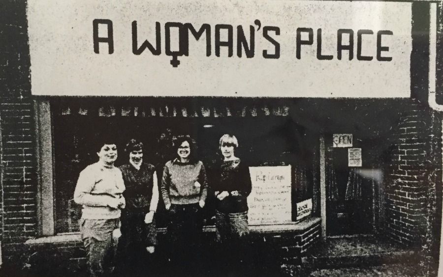 Outside of the first drop-in counseling center for women, staff members Doris Payne, Beverly Frantz, Mary Jane Kirkpatrich, and Patricia Groff.