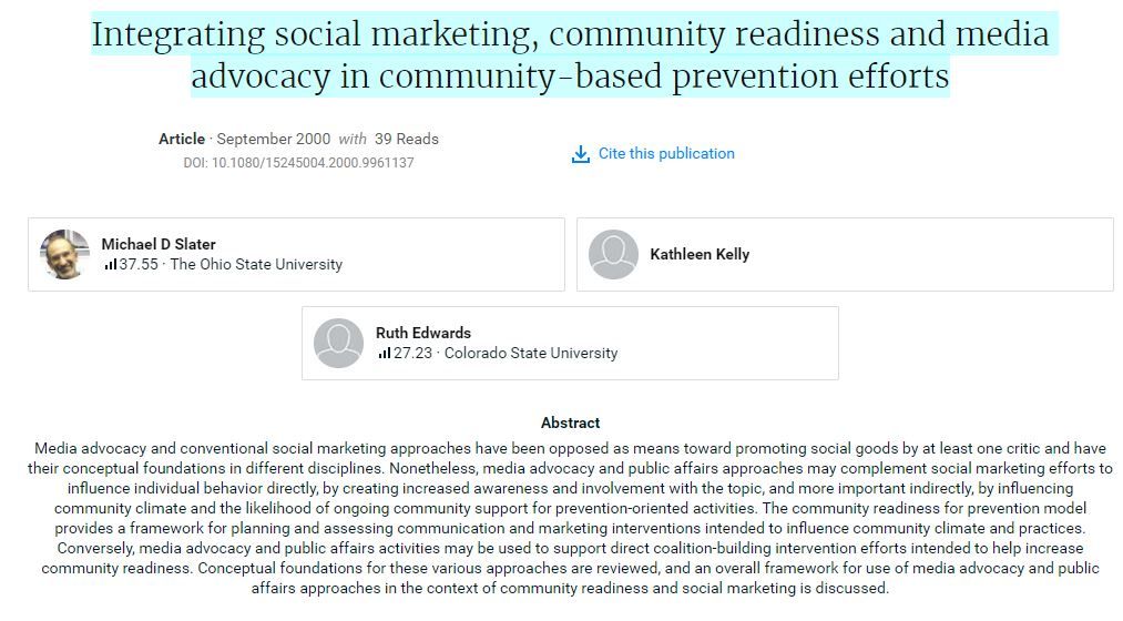Integrating social marketing, community readiness and media advocacy in community-based prevention efforts