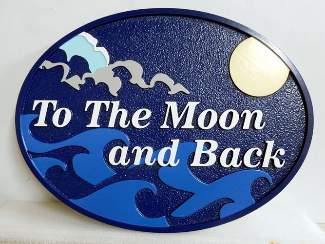 L21180 -  Carved  Property Name Sign "To the Moon and Back", Featuring Night Scene of Ocean, Clouds,  Moon